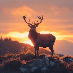 Majestic Stag Silhouetted at Dramatic Dawn on a Hilltop Landscape