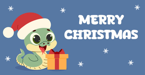 Cute Christmas snake with a gift and a Santa hat on a background with snowflakes and the text Merry Christmas. Vector illustration. christmas pets 2025