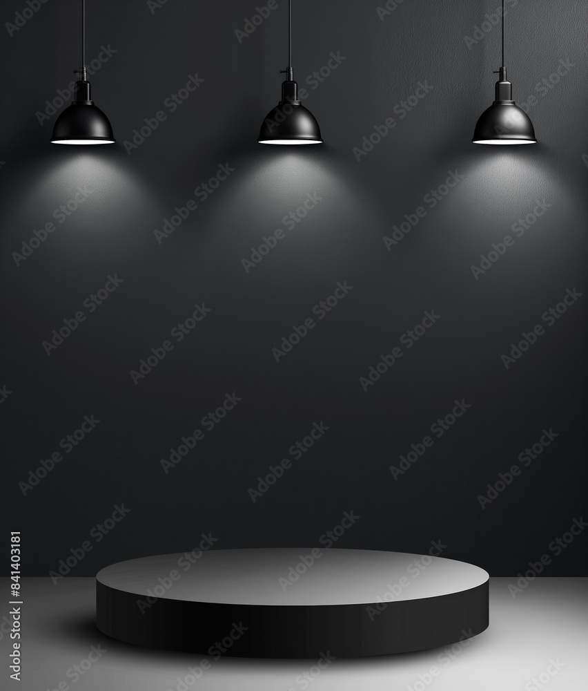 Poster an empty black pedestal under spotlights, suitable for product display against a dark backdrop, embo