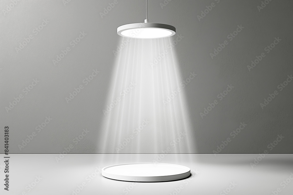 Poster a modern ceiling lamp illuminating an empty surface, with a minimalist aesthetic, on a clean gray ba