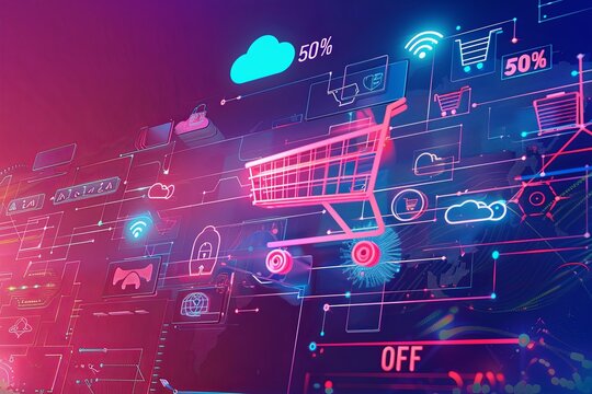 A digital abstract background with a futuristic shopping cart, product icons, Wi-Fi signals, and bold 50% OFF text. Generative AI