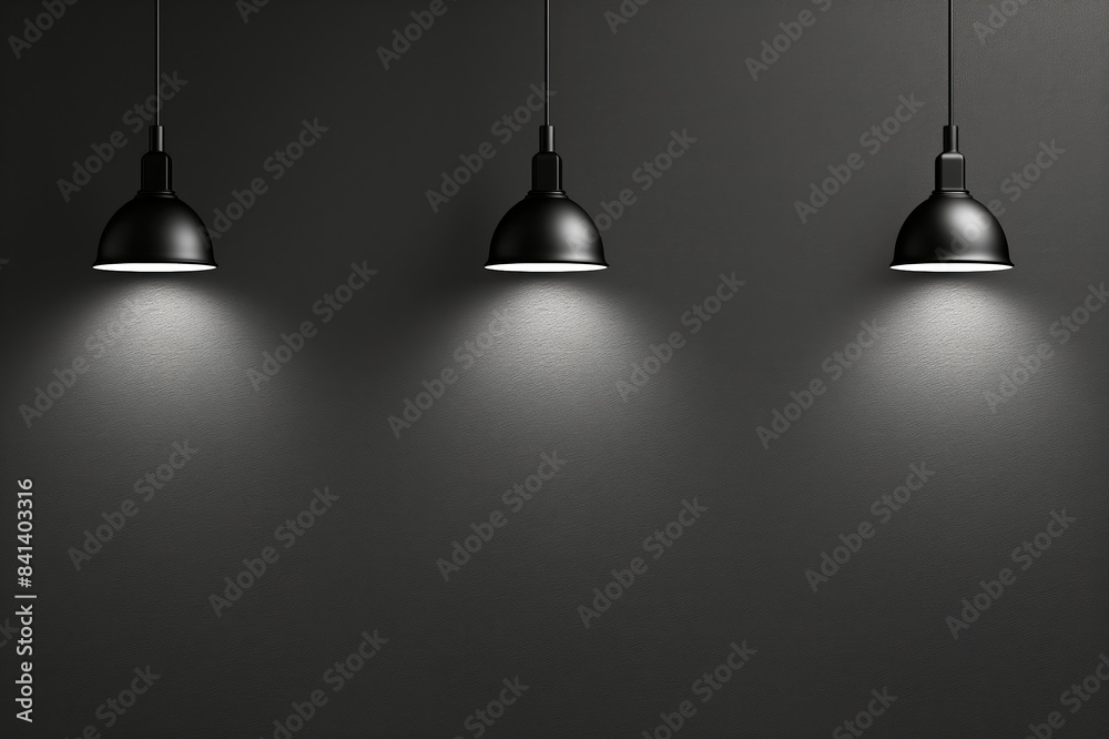 Poster three pendant lights illuminating a dark gray wall, minimalistic and modern design concept, with amp