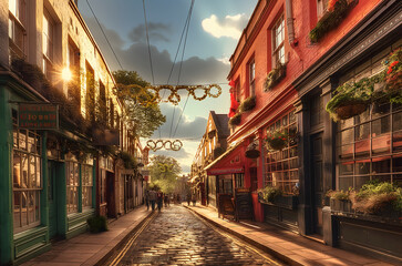 Obraz premium View of a traditional street in Euro surrounding shops and stores 