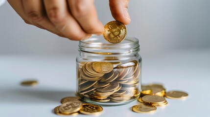 Detailed image of a manicured hand placing gold coins into a transparent jar on a white surface, highlighting the ideas of investment, profit increase, and secure savings