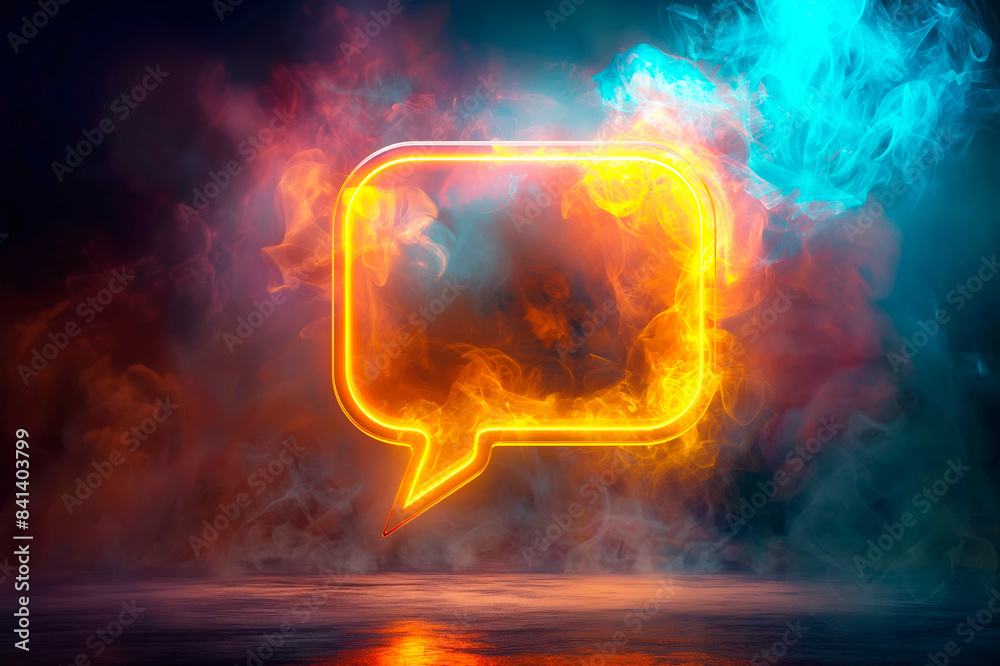Poster neon speech bubble surrounded by colorful smoke on a dark background, concept of communication. gene