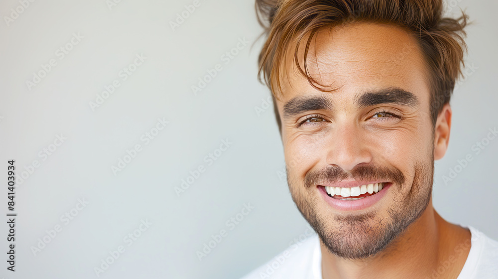 Poster close-up portrait of a smiling man with a beard and stylish hair against a light background, express
