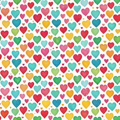 A seamless pattern of colorful illustrated hearts in various sizes. The hearts are arranged in a repeating pattern on a white background. Generative AI