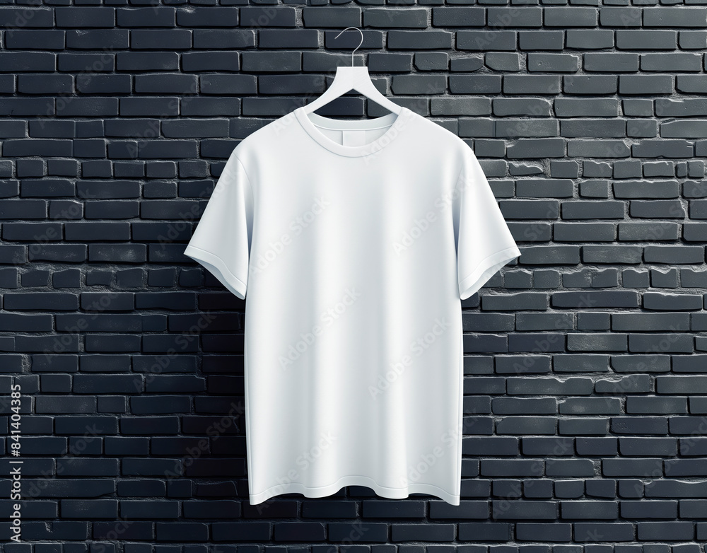 Wall mural White t-shirt on hanger against a black brick wall, modern design mockup concept. Generative AI