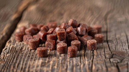 Brown pre drilled halibut pellets in red color specifically designed for carp fishing showcased on a wooden background with a gentle shadow