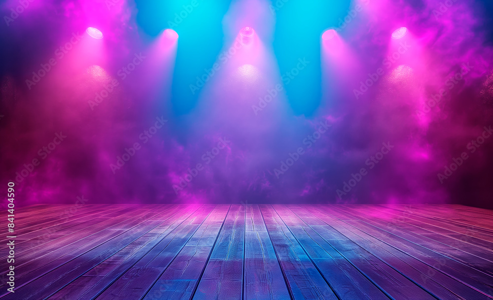 Poster purple and blue stage lights on an empty wooden floor with a smoky background, concept of a performa