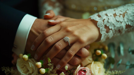 Close-up of a couple's hands during a wedding ceremony showing an engagement ring, with floral decorations and a dark background, depicting the concept of marriage. Generative AI