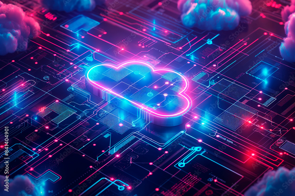 Aufkleber neon glowing cloud symbol on a digital circuit board with clouds, neon pink and blue colors on a dar