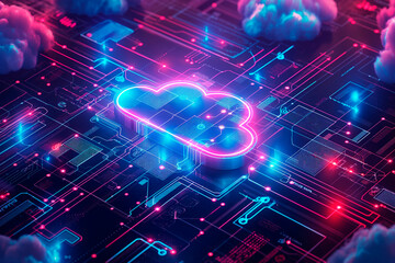 Neon glowing cloud symbol on a digital circuit board with clouds, neon pink and blue colors on a dark background, concept of cloud computing. Generative AI