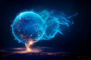 A glowing digital globe with blue energy trails on a cityscape background, symbolizing technology concept. Generative AI