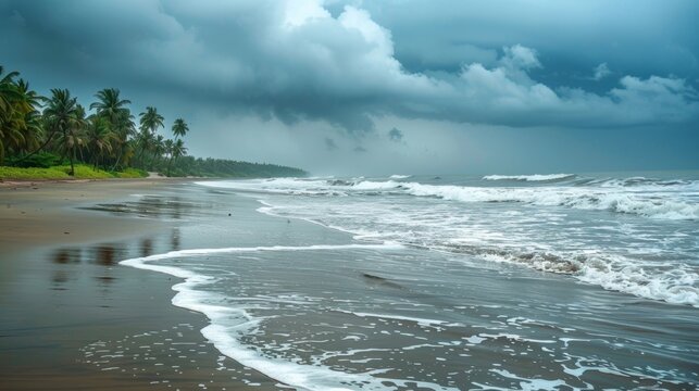 A tranquil beach with gentle waves lapping at the shore as monsoon rains pour down.