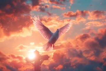 A white dove flies over a field with a cross in the background