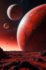 Red futuristic planet in outer cosmic space of solar system. Terraforming of fantastic planet....