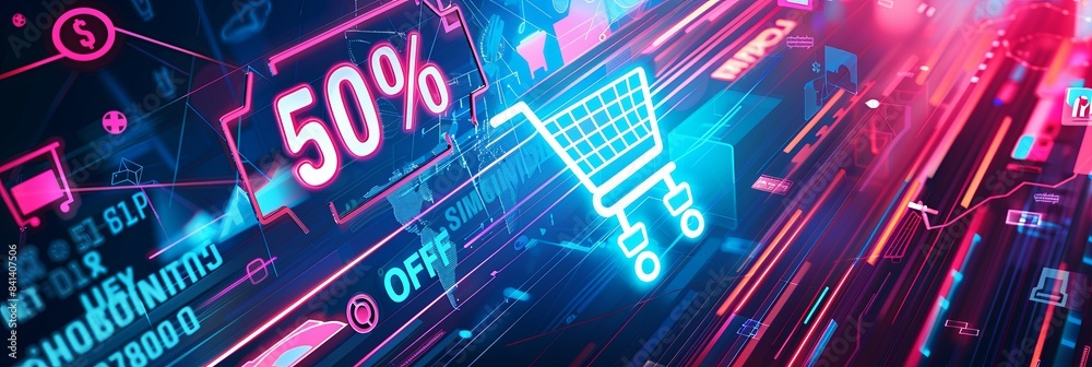 Poster a digital abstract background with a neon shopping cart and 50% off sale text. generative ai