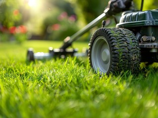 Fototapeta premium Green lawnmower stands on the lawn on the countryside.