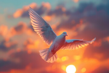 Obraz premium A white dove flies over a field with a cross in the background