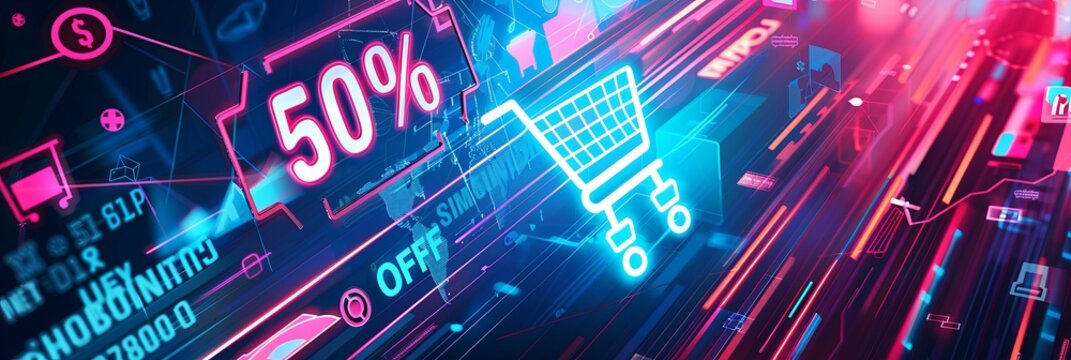A digital abstract background with a neon shopping cart and 50% off sale text. Generative AI