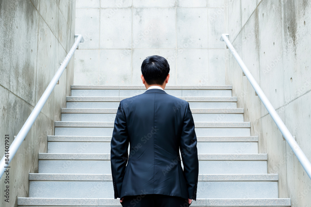 Poster a man in a black suit seen from behind, facing concrete stairs, demonstrating a concept of challenge