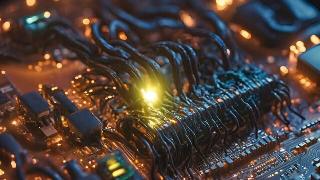 A cluster of deep-sea worms squirm their way amidst the uncovered circuitry of a motherboard