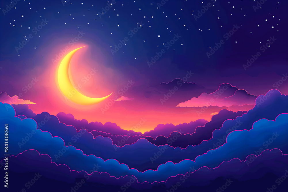 Poster a stylized crescent moon over layered clouds with a starry night sky, set against a dusk background 