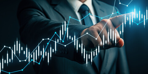 Businessman touching a virtual graph chart, dark sleek background, concept of finance analysis. Generative AI