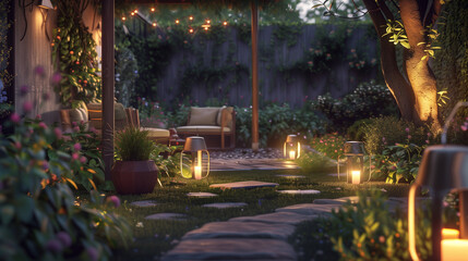 Obraz premium Solar-powered patio lights illuminating a beautifully landscaped garden path, creating a serene and eco-friendly outdoor space for evening relaxation and entertainment
