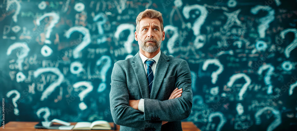 Poster A pensive man with crossed arms in front of a chalkboard covered in question marks, concept of contemplation. Generative AI