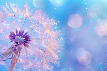 Fototapeta premium This abstract artistic image features a dandelion flower with drops of dew on a blue background with a mirror reflection of a macro. The image is a beauty of nature that expresses the brightness of