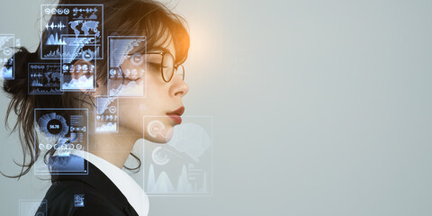 A woman with digital graphs overlaying her profile, symbolizing data analysis, on a light background, concept of technology. Generative AI