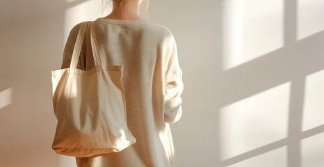 Woman with a blank tote bag, minimalist style, on a light background, concept of mockup design. Generative AI
