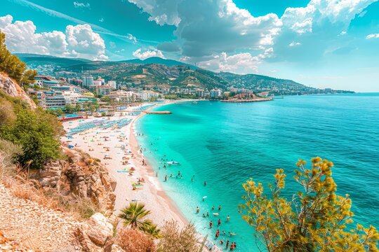 Sunny Beach Bulgaria Resort. Panoramic view from the top. Boat entering the sea.