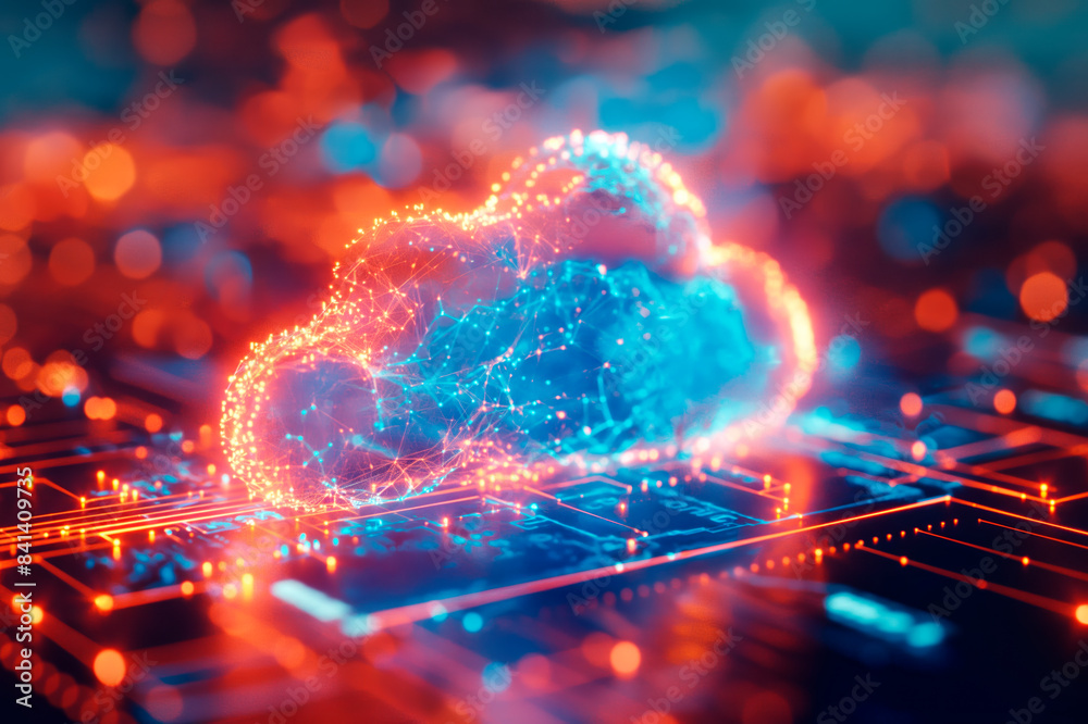 Poster a glowing cloud network over circuitry, digital art style, on a dark, bokeh-lit background, concept 