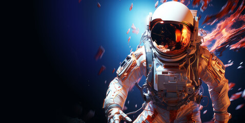 Fototapeta premium An astronaut surrounded by flames in space, with a vibrant blue background representing a dangerous concept. Generative AI