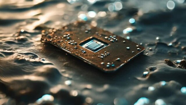 The lens focuses on a rusted SIM card, half-buried underwater, its metallic surface mirroring a faint light