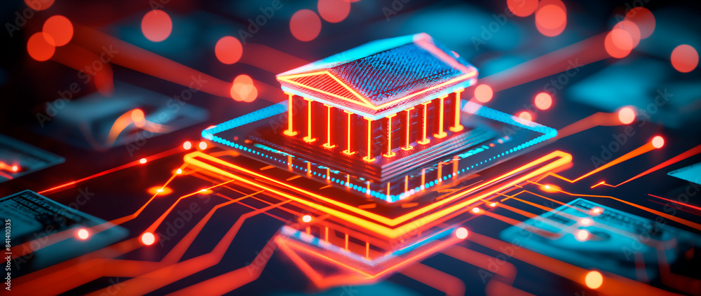 Aufkleber A glowing digital representation of a CPU on an electronic circuit board background, symbolizing the concept of high-tech computing. Generative AI