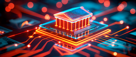 A glowing digital representation of a CPU on an electronic circuit board background, symbolizing the concept of high-tech computing. Generative AI