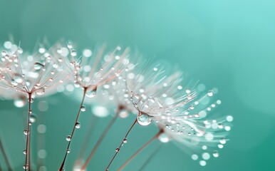 It's beautiful to view a water drop on a dandelion flower seed macro in nature. It has a beautiful deep saturated blue and turquoise background with free space for text.