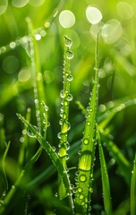 Fototapeta premium Large drop of water on grass in the morning, macro. Grass in morning dew on a green background in nature.