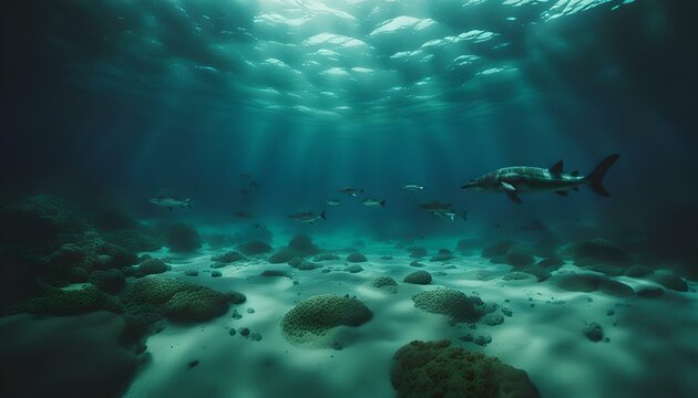 Seafloor view, underwater ambience with corals, algae and fish, marine and oceanic landscape, acquatic wildlife photo, scuba, snorkeling, diving