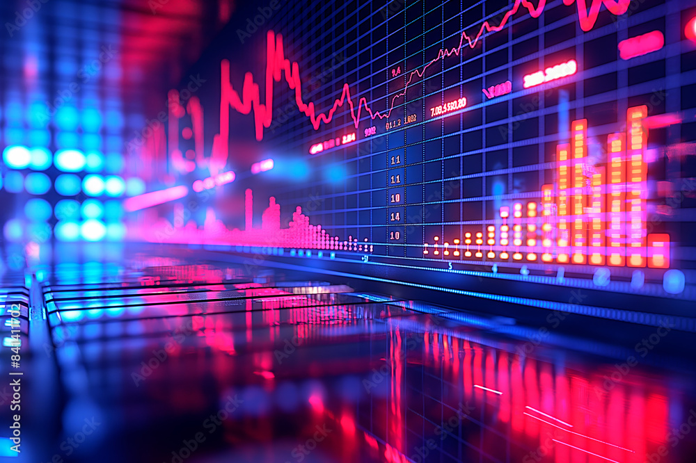 Poster a digital stock market graph with fluctuating data points, in a vibrant blue and red color scheme, s
