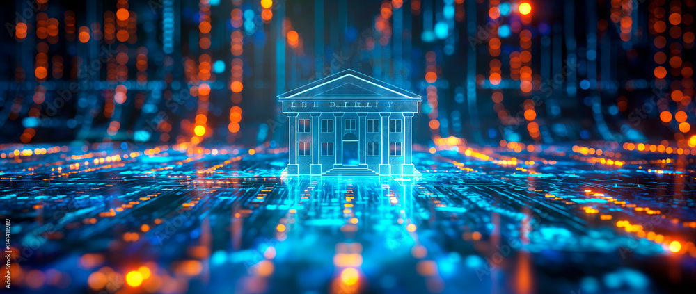 Poster Digital illustration of a classical building on a glowing circuit board, with a bokeh light effect in the background, concept of technology and architecture. Generative AI
