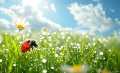 Fototapeta premium Droplets of morning dew on a young grass grain and a ladybug against a blue sky on a nature macro. Droplets of water on a grass grain, natural wallpaper, soft focus.