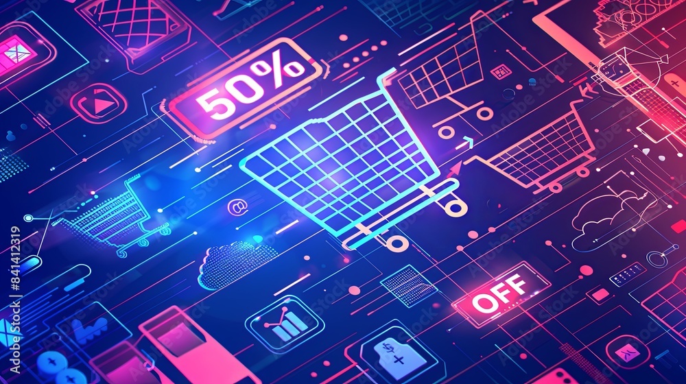 Leinwandbilder an abstract background showing a shopping cart with a 50% off sign in a futuristic digital setting. 
