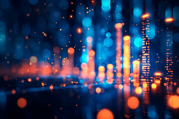 Abstract bokeh lights with a cityscape silhouette, digital art style, on a dark blue background, concept of urban nightlife. Generative AI