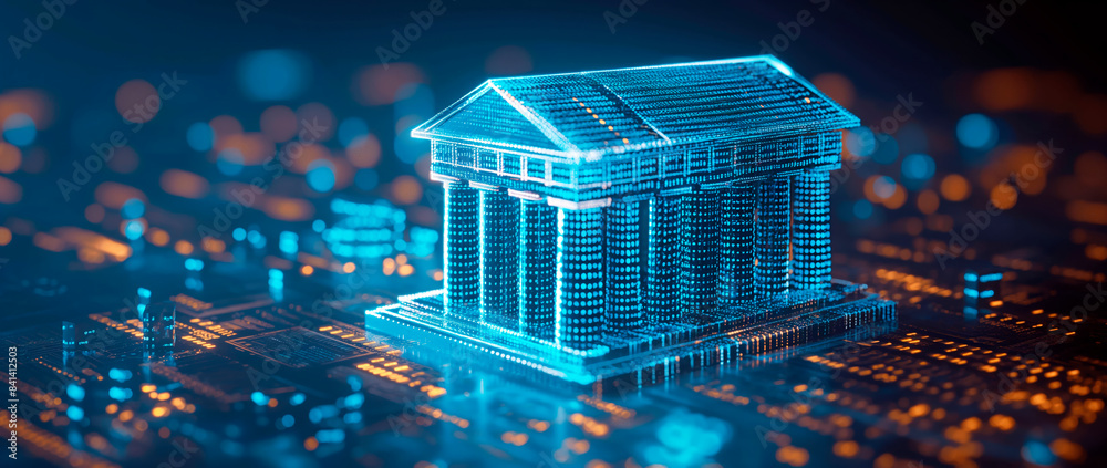 Poster digital wireframe house on a circuit board, with a blue and orange glow, symbolizing smart home tech