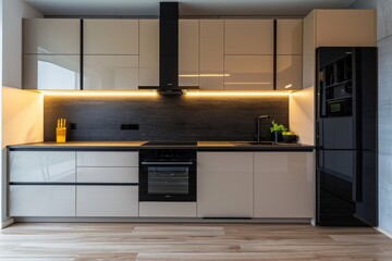 Elegant modern kitchen featuring black and beige colors, minimalist design, and contemporary appliances.